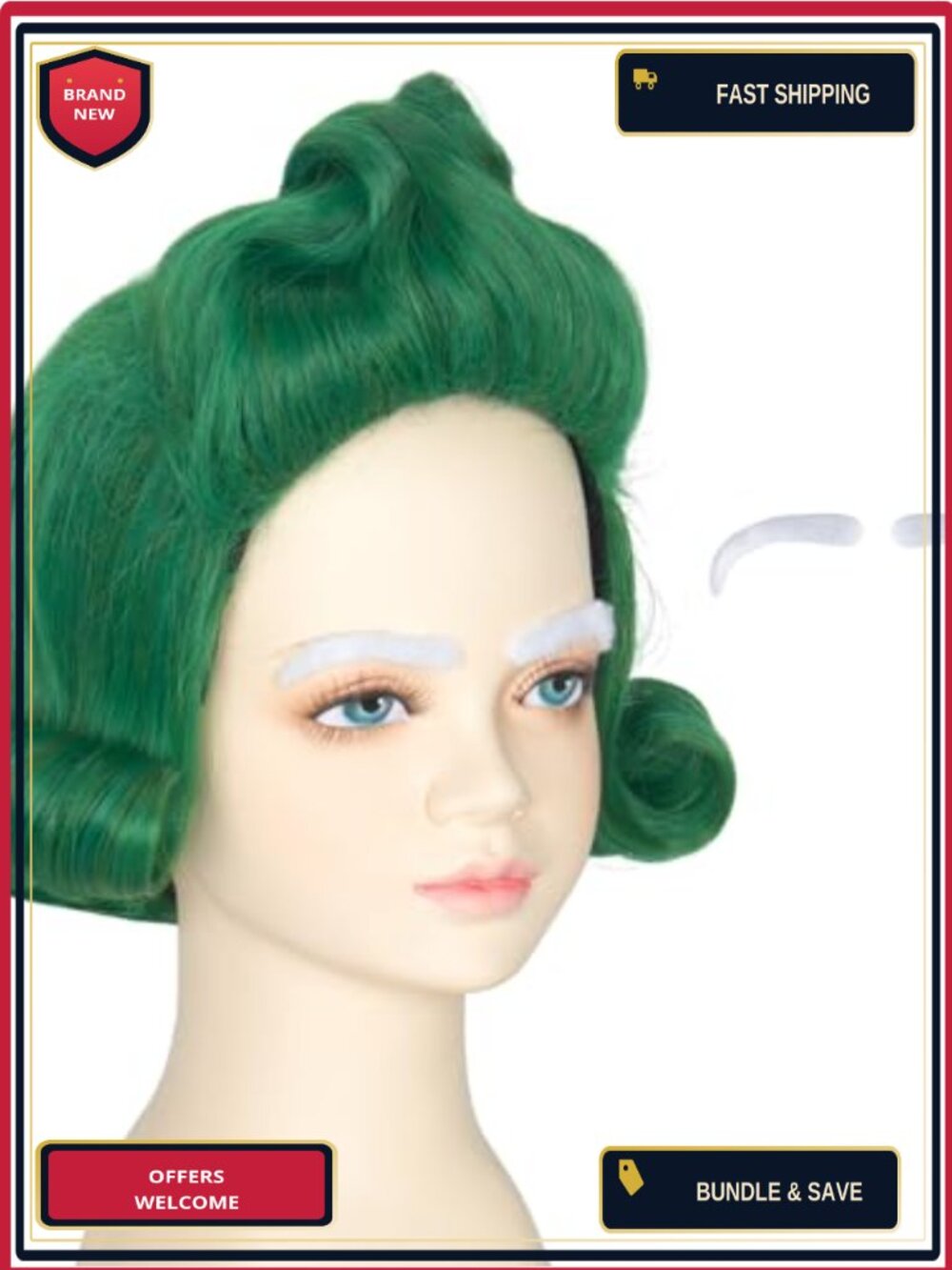 Short Green Funny Wig with White Eyebrows Halloween Party Cosplay Wigs